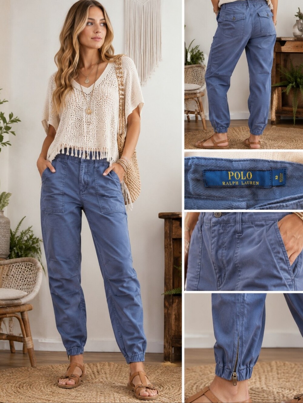 Polo Ralph Lauren Blue Cargo Jogger Pants Utility Ankle Women's Size 6